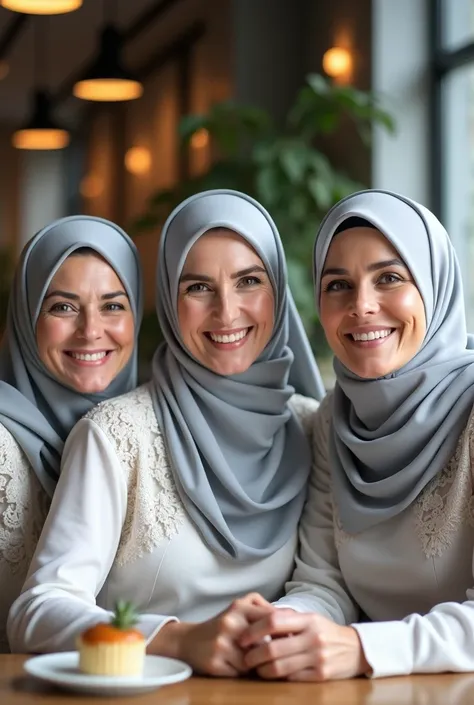 This image shows three women wearing hijabs in the same color, namely light gray. and two older women around 50-40 They look friendly and smile cheerfully, showing the warmth of friendship. Each is wearing clothes with elegant details, such as lace and flo...