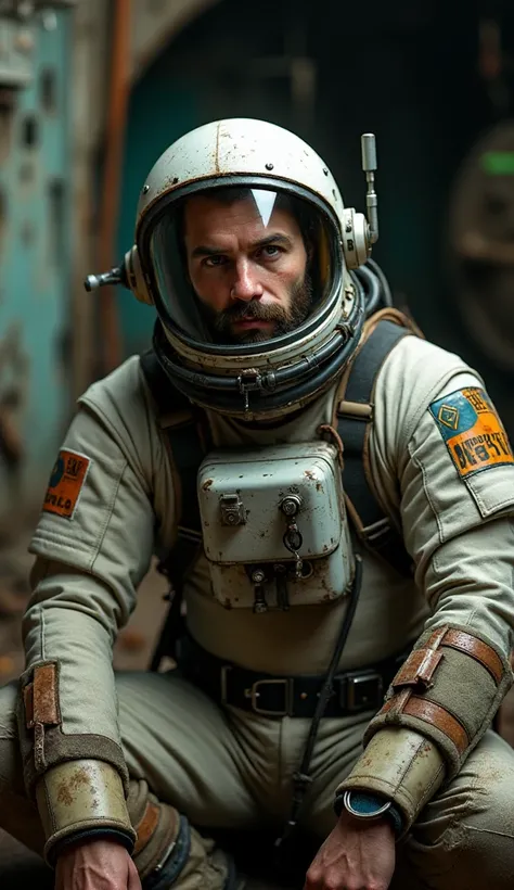 Photorealistic, a bald slightly chubby young man, rugged beard, with healthy blush and subtle freckles, in a retro space helmet with a chipped, tinted visor and rusted metallic plating. The helmet is adorned with faded mission stickers and worn-out communi...