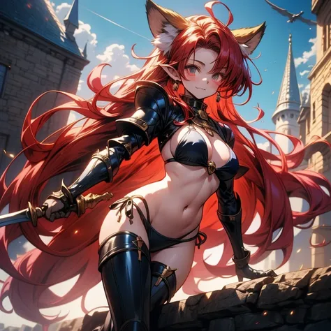 Beast Girl、age 17、Beast Ears Girl 、 anime style、 redhead、 biologically correct、 high definition 、 high image quality、 whole body、 Medieval European Castle Towns、Sword in right hand、 bikini armor、 wide angle shot, Focus: 35mm, 