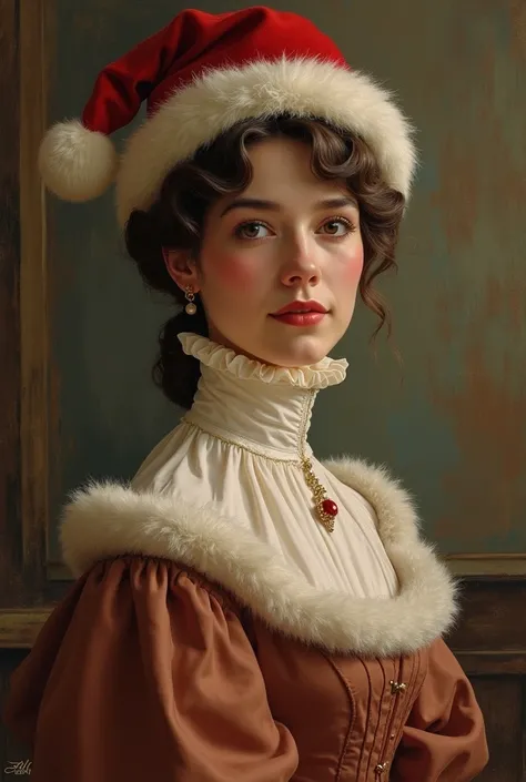  Victorian woman wearing a neckline dress, oil painting style with a Christmas hat and a slight smile  