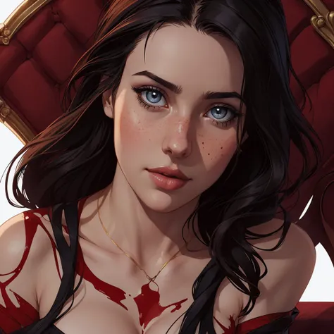 arafed woman sitting on a throne with a skull and a crown, extremely detailed artgerm, as seen on artgerm, artgerm and rossdraws, on her throne, artgerm style, style artgerm, artgerm and wlop, aly fell and artgerm, goddess of mischief, beautiful succubus s...