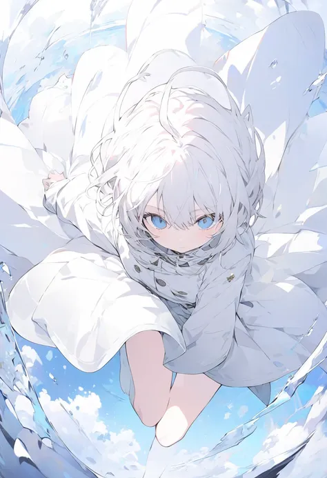  Looking at the viewer,   short white hair,  wearing a white coat perspective from above clear environment, Full body dynamic pose hd 