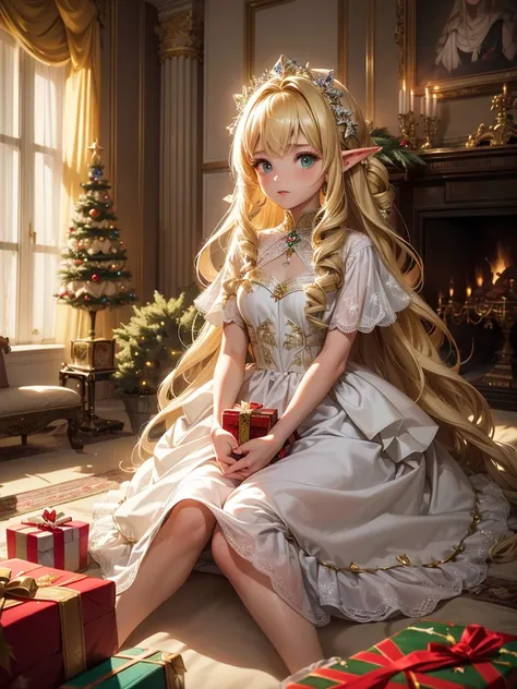 high quality, 8k. masterpiece, high quality, High resolution, 8k Ultra HD, Living room of the mansion. Xmas tree, a little elf princess is sitting on a luxurious chair with an unhappy face. her wearing white dress. (She has blonde hair and a twin-drill hai...