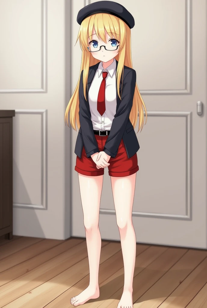 1girl, blonde hair, long hair, straight hair, hair down, blue eyes, glasses, beret, black hat,  button-up shirt, white shirt, black jacket, red tie, necktie, shorts, red shorts, leather belt, black leather belt, barefoot, humanization, full-body view, stan...