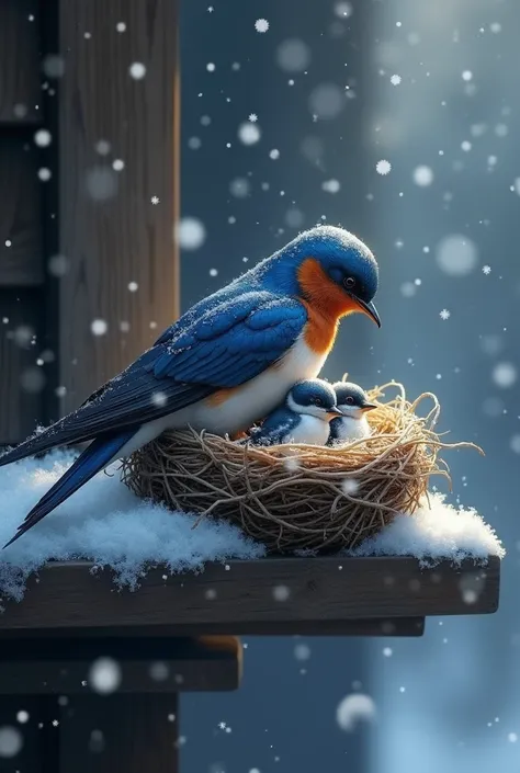 A Barn Swallow huddled in a small, snow-dusted nest on a wooden beam. Its wings stretch wide to cover its chicks, while snowflakes fall gently in the dim, cold surroundings.