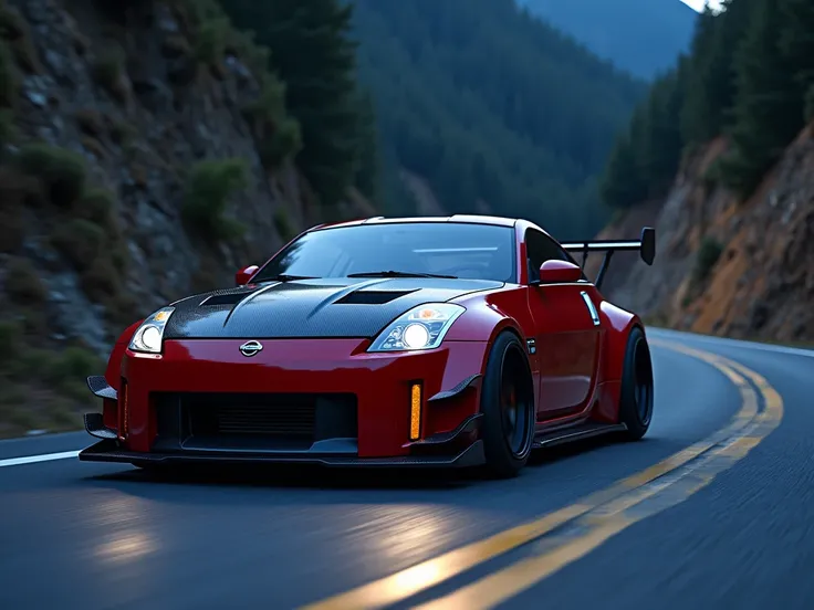 Nissan 350z, modified, red, carbon hood, night time, touge, High Resolution, Best Quality, 