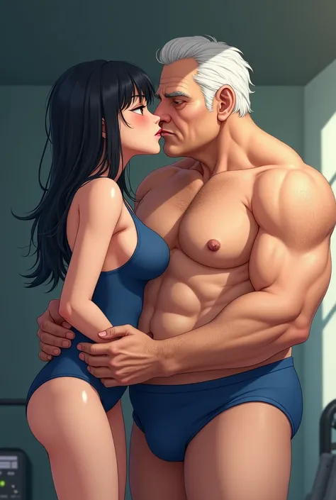 2d anime (((1 old man and 1 young girl having a deep kiss))), {1 girl is 20 years old, huge breasts, stunningly beautiful, black hair, delicate facial features, red lips, expressive eyes, perfect anatomy, shiny skin, (skinny, slim body:1.2), blonde hair, s...