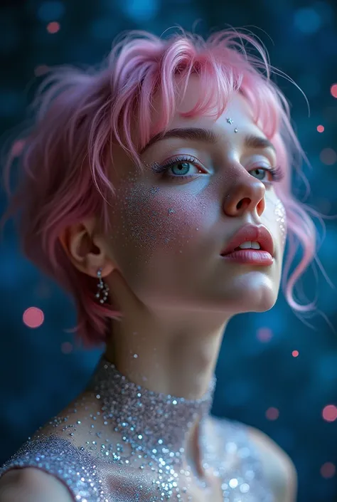 A young woman (ultra hot gorgeous european, short pink hair, 24 years old, gray eyes) against the backdrop of deep cosmic space, her face adorned with tiny star-like glitter that sparkles under the light. The glitter is scattered chaotically, covering her ...