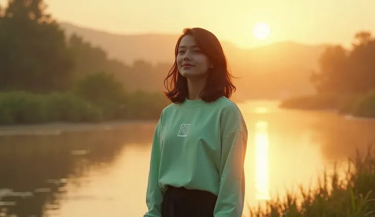 "A hyper-realistic image of a young woman standing in a serene landscape, bathed in soft golden light. The scene is tranquil, with gentle waves of a calm river flowing nearby, symbolizing the comfort and support she feels. The sky is filled with warm hues ...