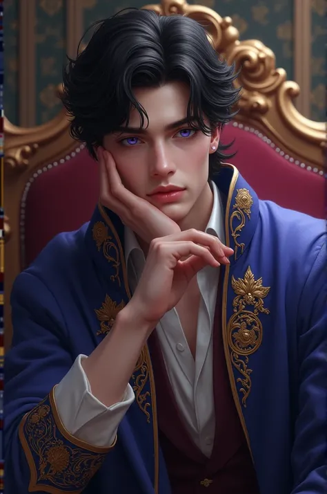 Male , black hair , purple eyes,  cheek resting his left hand , wearing a prince outfit,  