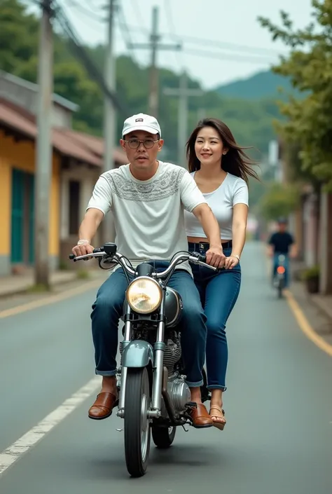 a 50 year old Korea man,perfect and short hair,wearing a white baseball cap,wearing a stenlist steel glasses,wearing white batik motif t shirt,dark blue jeans,brown belt and brown sandals,
a 50 year old Korean woman,long hair,perfect make up,a very white a...