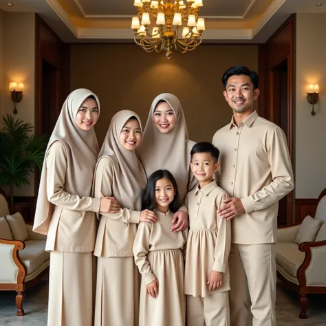 A beautiful family portrait featuring a harmonious and elegant Indonesian Muslim family, wearing matching beige outfits. The family consists of parents, three daughters, and two sons, standing together in a luxurious and warmly lit traditional living room ...