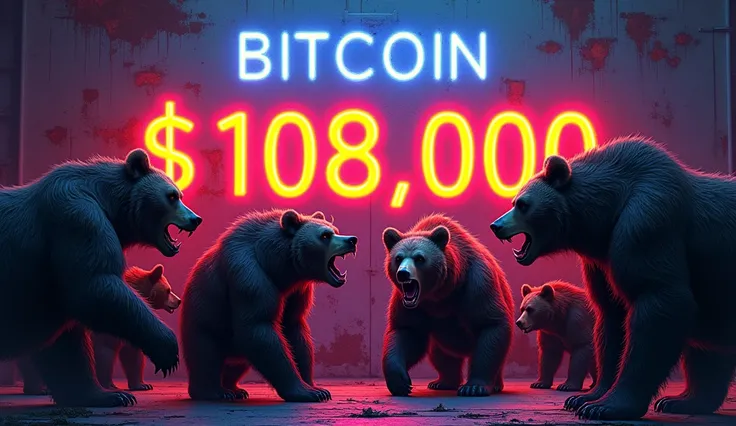 In Wall Written "BTC 108k" , five dangerous Bear wearing watching it, Neon Effect 