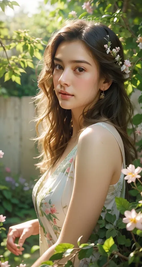 A beautiful and realistic image of a young woman standing in a lush garden filled with vibrant, blooming flowers. The sunlight gently filters through the trees, casting soft, natural light on her face. She has long, flowing hair and wears a simple yet eleg...