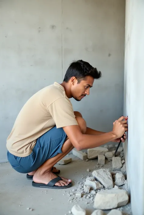 The image shows a young man kneeling on the ground and working on a construction site. He is wearing a beige t-shirt and blue shorts and is holding a small tool in his hand. He appears to be working on the wall of a building under construction. The wall is...