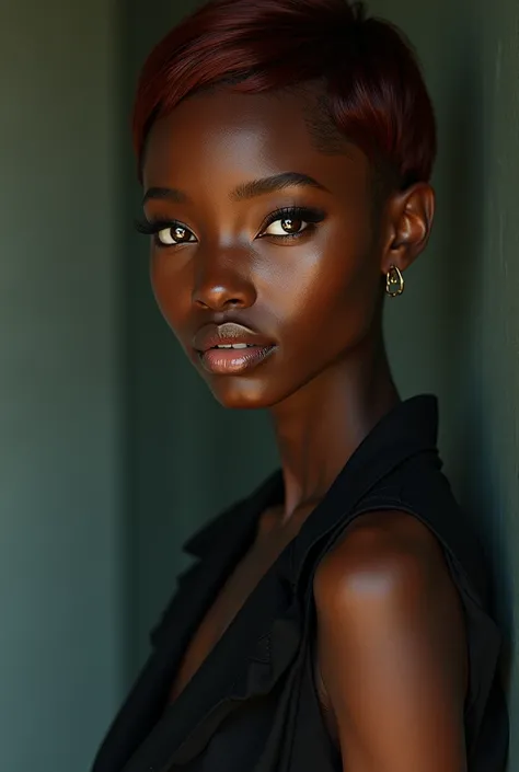 very skinny black girl a little tall with short , smooth and a little red and that you have lenses and that your eyes are separated and brown and that the image is complete 