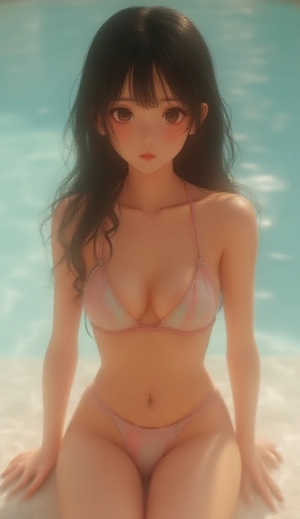 Realistic photos、live-action、８K、Pay attention to the cute high school girl&#39;s face、Ultra-detailed face depiction、bikini、Ultra-Realistic Skin、Detailed texture of the skin、Beautiful sitting position in a skin-tight swimsuit , Sit well, Taken from the oppo...