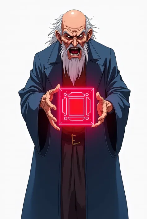 evil Old crazy sensei showing a hologram of red colour chip , Japanese animie style  , cyberpunk aesthetic , blue coat long coat , in white background 