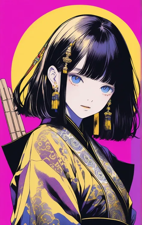 ( top quality , sketch:1.2), realistic , illustrationsレーター,Anime, boys、  detailed lips , kimono,custom,  black and gold gradient background ,Neon Hair,  texture cropping , masterpiece,  style for stilets: Retro Classic, Black  style for stilets 、 illustrat...