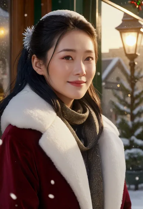 Intimate close-up portrait of idol Keiko with parents at Christmas --Keikos face prominent in frame, filling 70% --perfect idol features showing genuine emotion --tears on flawless skin --professional makeup remaining perfect --wearing high-end winter fash...