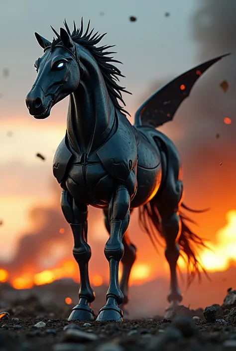 A hyper-realistic hybrid creature standing on a battlefield at dusk, surrounded by fiery explosions and smoldering debris. It has the powerful frame of a horse, with sleek black metallic plating covering its body like armor. The creature’s legs are a blend...