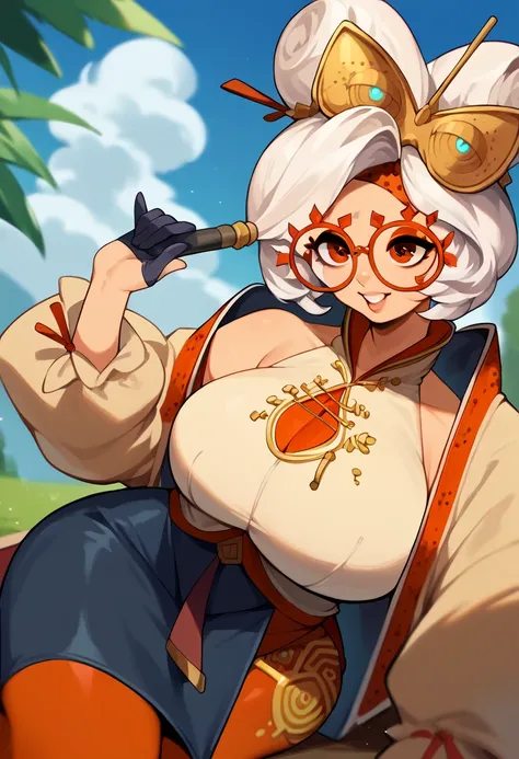 score_9, score_8_up, score_7_up, score_6_up, score_5_up, score_4_up, (source_anime), purah,
1girl,  huge breasts, narrow waist, thick thighs,  hair ornament, red headband, red glasses, sleeveless shirt, white coat, black skirt, red leggings, gloves, high h...