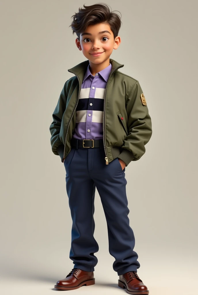 Generate an image of a boy with formal navy blue pant, lavender color shirt with black and white stripes lie and olive green bomber jacket.