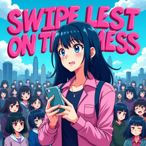 A vibrant and playful shonen anime thumbnail featuring the title "Swipe Left on This Mess". The image showcases a young woman with a bold and frustrated expression, standing in front of a cityscape with a smartphone in hand. Shes surrounded by a swarm of a...