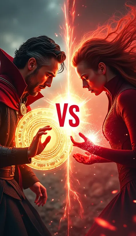 Doctor Strange conjures a glowing orange shield on the left, his other hand forming magical sigils. On the right, Scarlet Witch’s hands glow with chaotic red energy, her expression intense and focused. The central VS text pulses with mystical energy, surro...