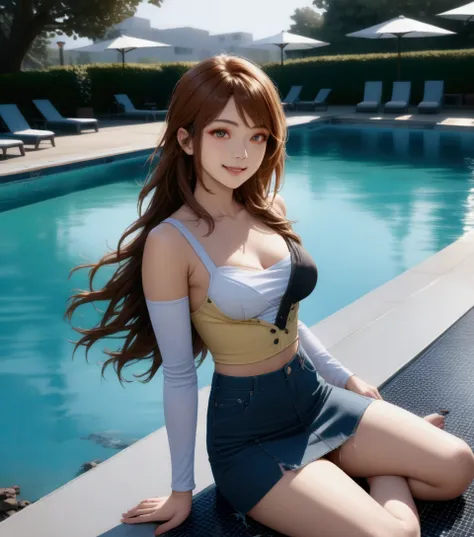 pretty lady, smiling, resort s swimming pool {(+forehead, long wavy hair, low ponytail, brown hair)}, {  long sleeves shrug shirt (+light-yellow shirt, white shirt sleeves), dark-blue pencil mini skirt}, BREAK, (1girl, solo, full body), (best quality,4k,8k...