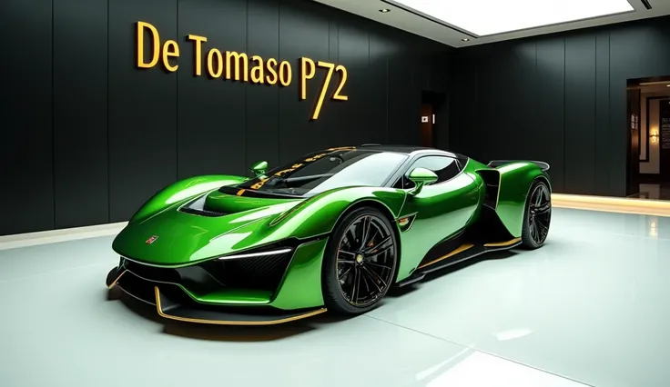  A captivating image of a Saleek design 2025 model , taking  stage in a luxurious white showroom. The vibrant “Green and gold” exteriorgleams, accentuating the cars sleek, aerodynamic design and striking accents. The De Tomaso 
P72 "De Tomaso P72 Green and...