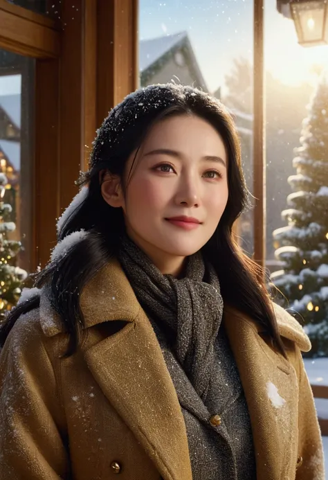 Intimate close-up portrait of idol Keiko with parents at Christmas --Keikos face prominent in frame, filling 70% --perfect idol features showing genuine emotion --tears on flawless skin --professional makeup remaining perfect --wearing high-end winter fash...