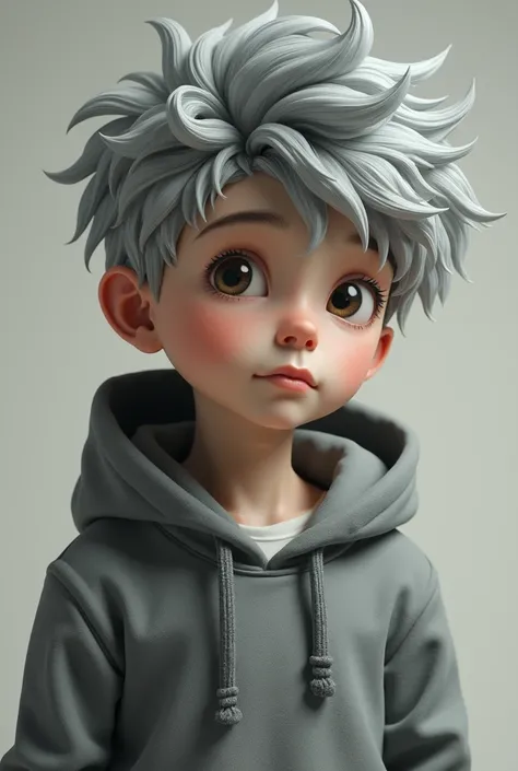 Boy with gray hair and a sweatshirt with
hood