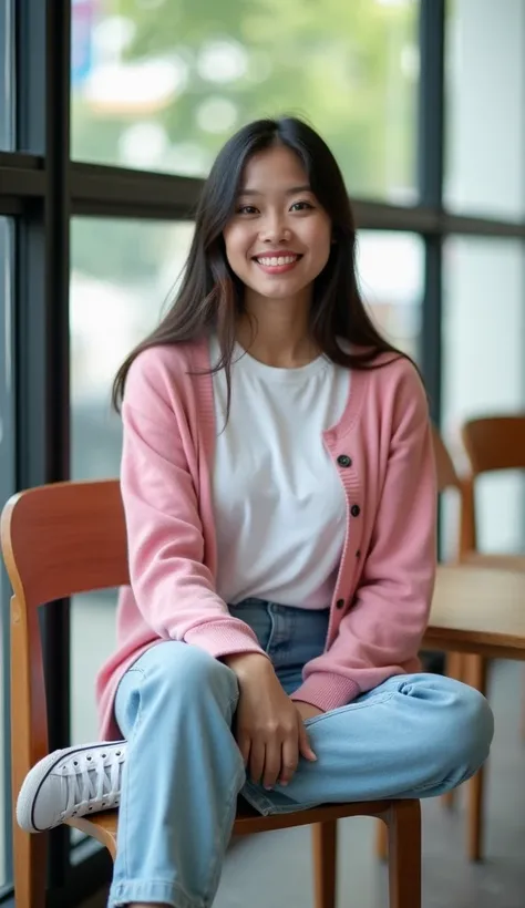 Very beautiful Indonesia young woman sitting on a cafe chair wearing a pink cardigan and white plain shirt, wearing light sky blue jeans, feet wearing converse shoes, wide glass window background shows the atmosphere outside