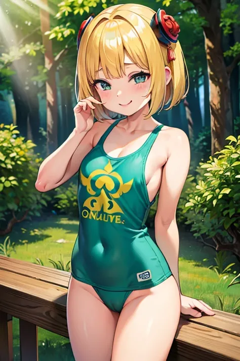 (( top quality )), ((masterpiece)), (  Details),   girl ,  sexy，Bob，very short ， Very Small Breasts ， tank top，In the woods，The log ， standing behind you with your hands on it，両手を乗せている， lower body naked， small clitoris next to the teaching table　I can see ...