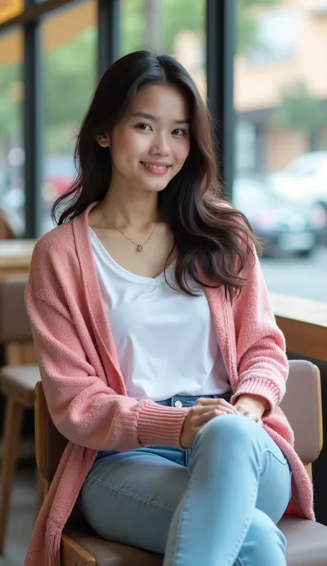 Very beautiful Indonesia young woman sitting on a cafe chair wearing a pink cardigan and white plain shirt, wearing light sky blue jeans, feet wearing converse shoes, wide glass window background shows the atmosphere outside