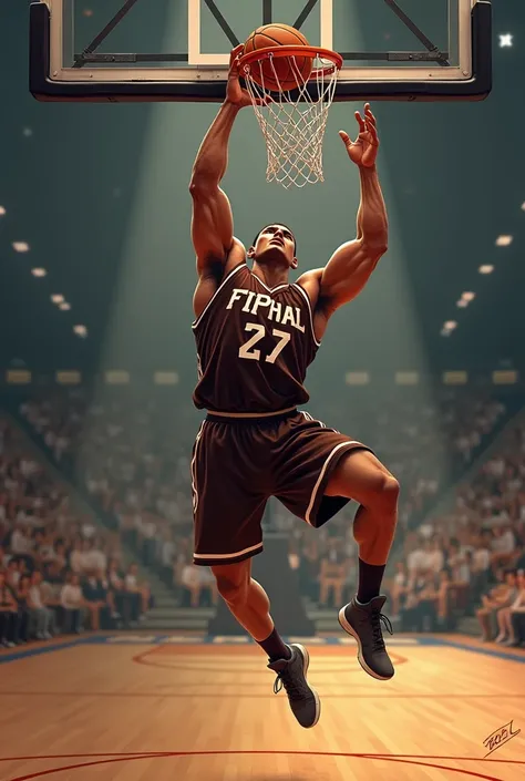 basketball character while dunk laying at the rim and using jersey brown color named FIPHAL