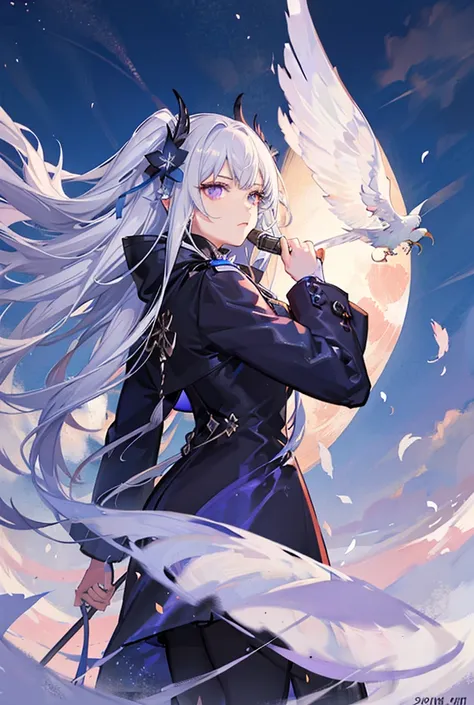 Female goddess with long white hair, fluttering in the wind, purple eyes, long coat, white, fluttering under the moonlight