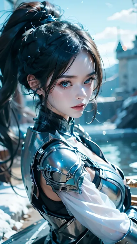 fantasy world， A Human Weapon Woman，single ponytail,  Blue Very Long Hair,  White Mechanical Armor ，Handmade Sword ， high detail（1.2），precise， watching people  , 8k Octagonal Rendering, 