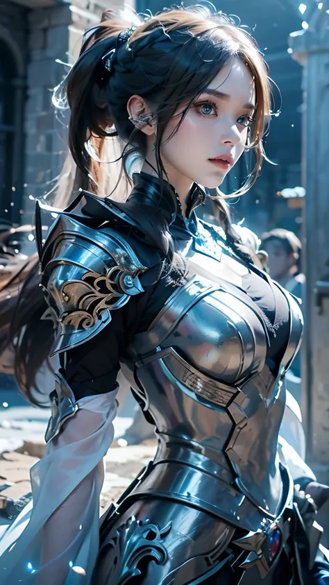 fantasy world， A Human Weapon Woman，single ponytail,  Blue Very Long Hair,  White Mechanical Armor ，Handmade Sword ， high detail（1.2），precise， watching people  , 8k Octagonal Rendering, 