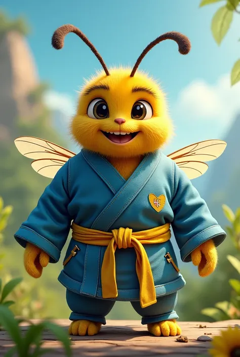  Create 1 image of a bee wearing a Blue Vovinam waistcoat, yellow belt ,