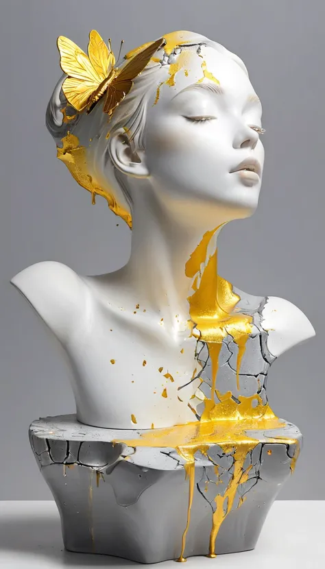 ((display，Still life table，Artistic statues，3D Sculpture，ceramics，Surface cracks，Shattered Texture)), Showing the beauty of nature.gold，Golden powder， This artwork is presented on a grey background，To emphasize its artistic quality.
