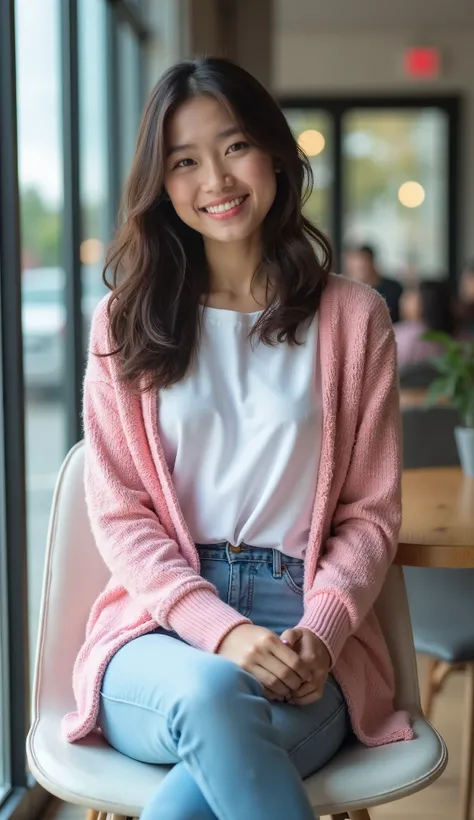 Very beautiful Indonesia young woman sitting on a cafe chair wearing a pink cardigan and white plain shirt, wearing light sky blue jeans, feet wearing converse shoes, wide glass window background shows the atmosphere outside