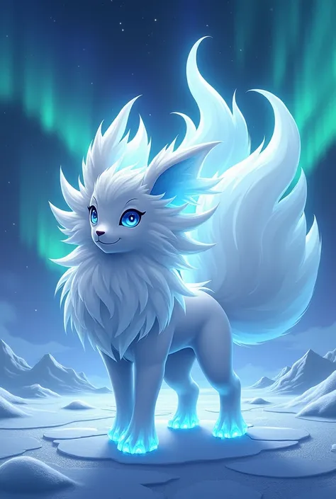 A hyper-realistic depiction of Alolan Ninetales, radiating ethereal beauty and icy majesty. Its snow-white fur flows like liquid silk, shimmering with a faint blue iridescence under the moonlight. Its nine tails are long and graceful, tipped with frost tha...