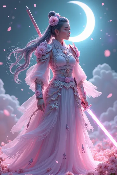 "A human depicted as a super cosmic samurai inspired by the month of April. The character stands in a celestial environment glowing with the essence of spring, featuring hues of soft pink, lavender, and pale green. Their cosmic armor is adorned with cherry...