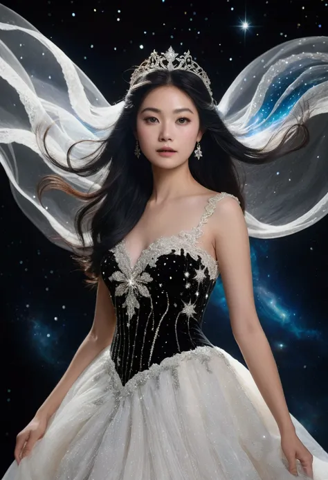 Ethereal close-up portrait of Keiko in magnificent black and white gown floating in light --face filling 80% of frame --dress moving supernaturally: black velvet bodice with white crystal constellation patterns, layers of white tulle with black lace overla...