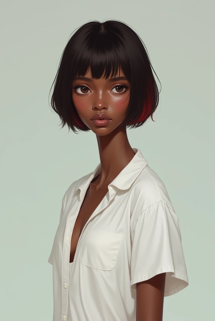 Very skinny black girl a little tall with short neck-length hair,  straight and a little red and who has lenses and that her eyes are separated and brown and that the image looks full body.
That he wears a white shirt and has his arms Ariva that his armpit...