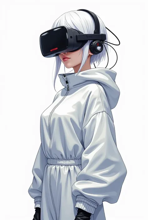 Anime style illustration girl in white latex baggy outfit , cyberpunk , white hair , wearing hight tech black cyborg VR headset wires connected to the head , in white background.