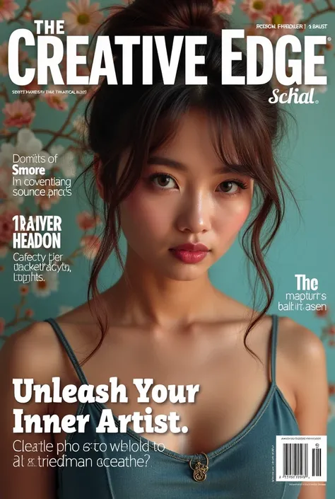 Design a lifestyle magazine cover for "The Creative Edge". requirements1. Include a main headline, subheadings (3-4), and the magazine logo.
2. Use an aesthetic portrait photo as the background.
3. Highlight the headline: "Unleash Your Inner Artist". In en...