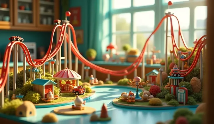 Miniture theme park with a rolller coaster o. A kitchen table